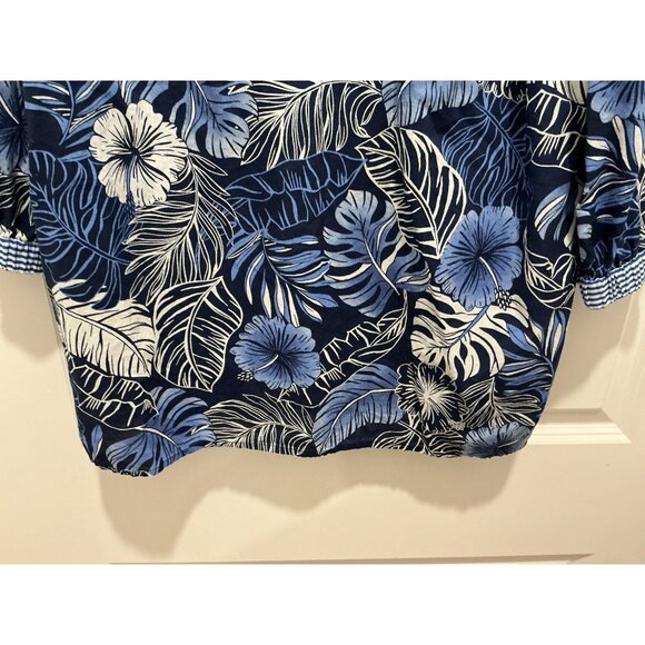 Talbots Hibiscus Palms Tunic XL Blue White VNeck 3/4 Sleeve - Picture 4 of 10